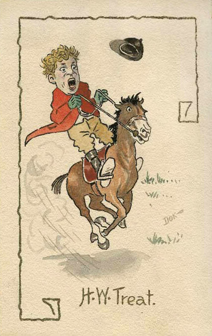 Cartoon drawing of Harry Whitney Treat riding horse, by John Ross "Dok" Hager, circa 1910