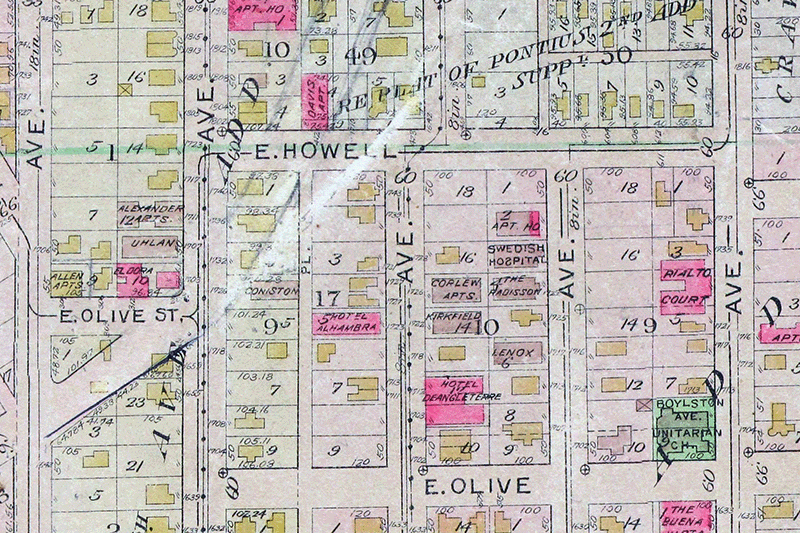 Portion of plate 7, Baist’s Real Estate Atlas of Seattle (1912), showing segment of E. Olive Street renamed E. Olive Place